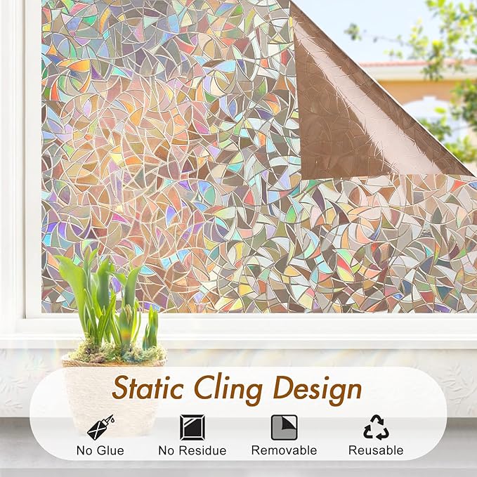Haton Window Privacy Film, Stained Glass Rainbow Film Decorative Window Clings, Static Cling Sun Blocking Sticker Decal Covering Tint for Home Heat Control, Non-Adhesive, Brown 35.4" x 78.7"
