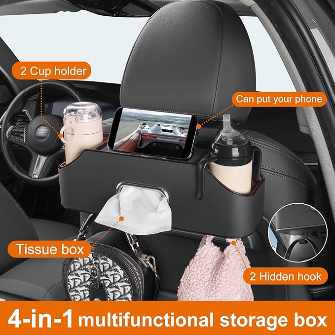 Sancaral Car Rear Backseat Extra Multifunctional Drink Cup Holder Organizers With Tissue Storage Box Organizer & Hooks For Car Seat Back. Black