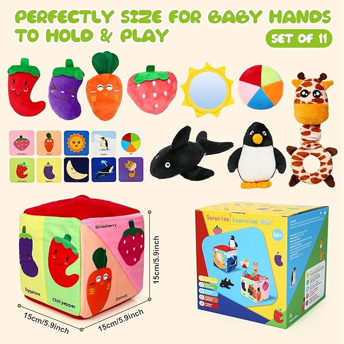 Baby Box Toy - Baby Toys 6-12 Months Montessori Toys for 6 Month Old with Animals, Fruits, Balls, Squeaky Sounds, Mirror, Gifts for Babies