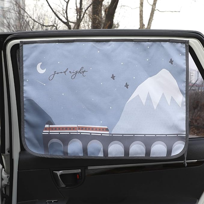BEBEDECO Magnetic Car Sun Shade Curtain for Side Window – Sun Blocker and UV Protector for Baby, Kids, and Pets – Universal Fit with Built-in Magnets for Steel-Framed Door (Bebe Train)