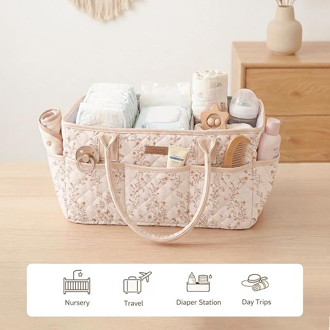 Konssy Floral Quilted Diaper Caddy Organizer, Diaper Caddy Basket with Vegan Leather Handles, Portable Nursery Storage Basket, Water-Repellent Car Organizer, Registry Search Must Haves (Floral)