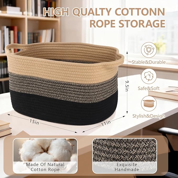 AOFANGSHIYE Cotton Rope Braid Storage Basket for Baby Carrier Toy Storage Bag Gift Basket for Kids Laundry Basket Baby Blanket Storage Measures 15x10x10 inches. (Brown Brown)