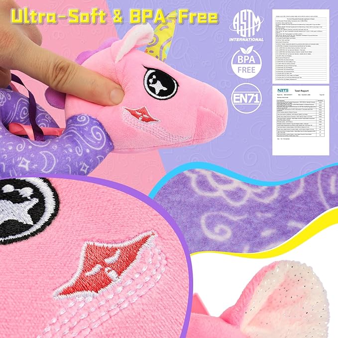 Musical Car Seat Toy for Babies 0-12 Months Girl, 5-in-1 Sensory Activity Hanging Toy Stroller Toy with Soothing Music, Rattle, Mirror for Newborn Infants Essential Gifts, Unicorn