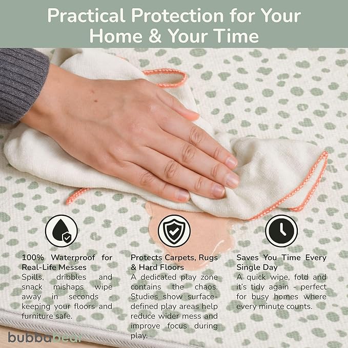 Bubba Bear Baby Play Mat, Thick Foam with Pattern Design, Foldable Waterproof Padded Crawling Mat for Babies (Green Spots, 79 x 59 Inches)