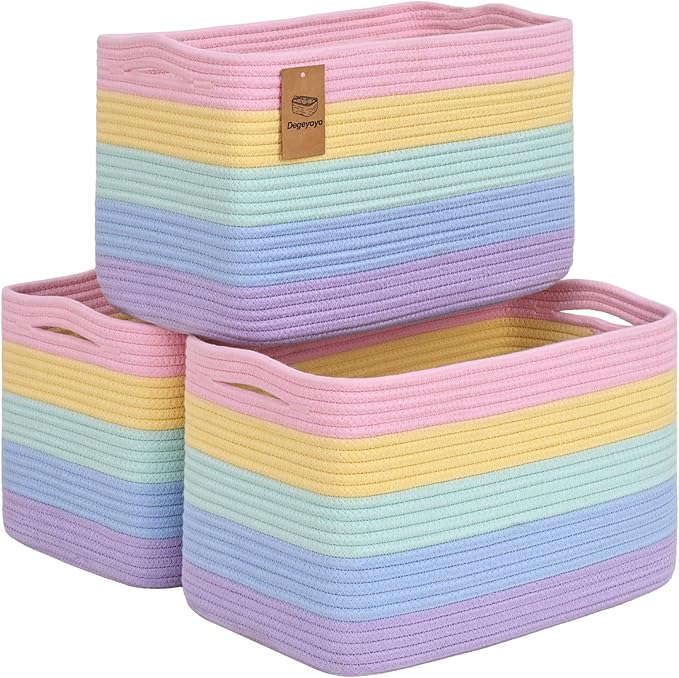 Degeyoyo Woven Storage Baskets, Rainbow Baskets for Organizing, 3 Pack Woven Basket for Storage, Storage Baskets for Shelf, Towel, Toy, Book, Closet, Baby 15"×10"×9"