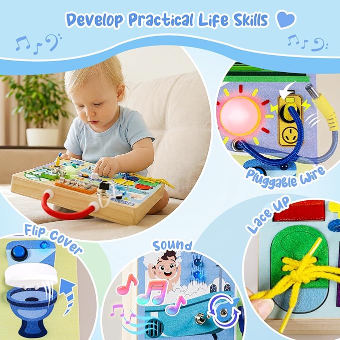 Teekdeer Busy Board Montessori Toys for Toddler 1-3 Year Old, Wooden Sensory Board with LED Light Switches,Bathroom Theme Travel Toys for 1+ Year Old Boy & Girl Birthday Gift