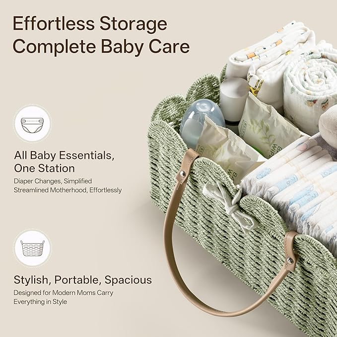 HBlife Large Baby Diaper Caddy, Paper Rope Scalloped Storage Baskets Nursery Bin with Removable Divider, Portable Car Organizer for Diapers, Baby Shower Gifts, Newborn Essentials Must Haves, Green