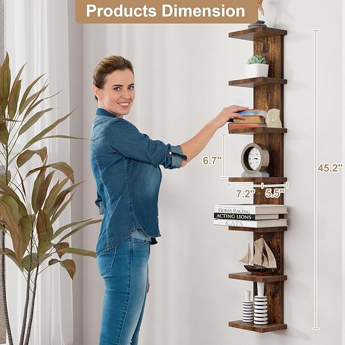 Fun Memories 7 Tier Wall Shelf Unit, Decorative Wall Mount Vertical Shelving, Floating Storage Home Decor Organizer Tall Tower Design Utility Shelving Bedroom Living Room