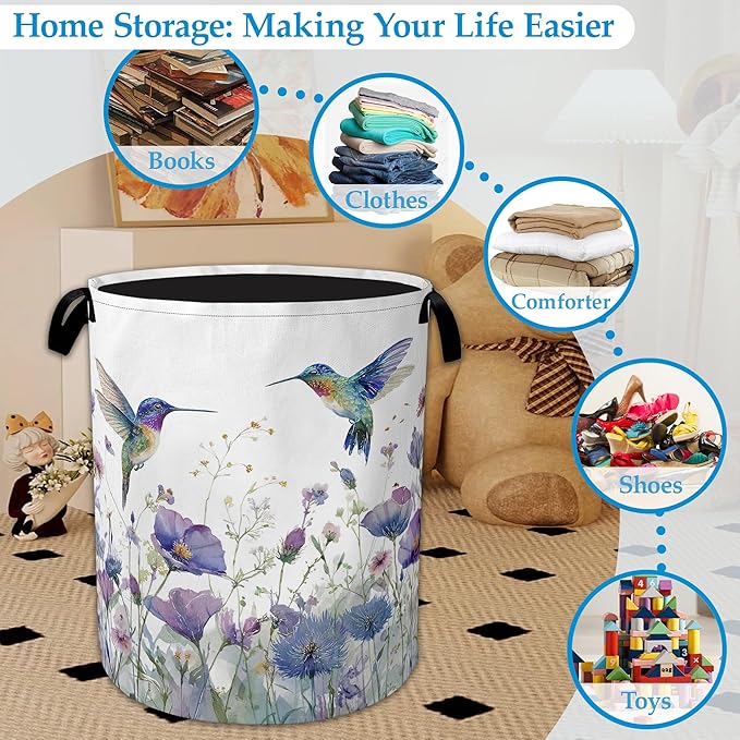 Hummingbird Flowers Laundry Basket Collapsible Laundry Hamper Clothes Toy Storage Bin for Bathroom Bedroom Room Decor 16" X 20.8"
