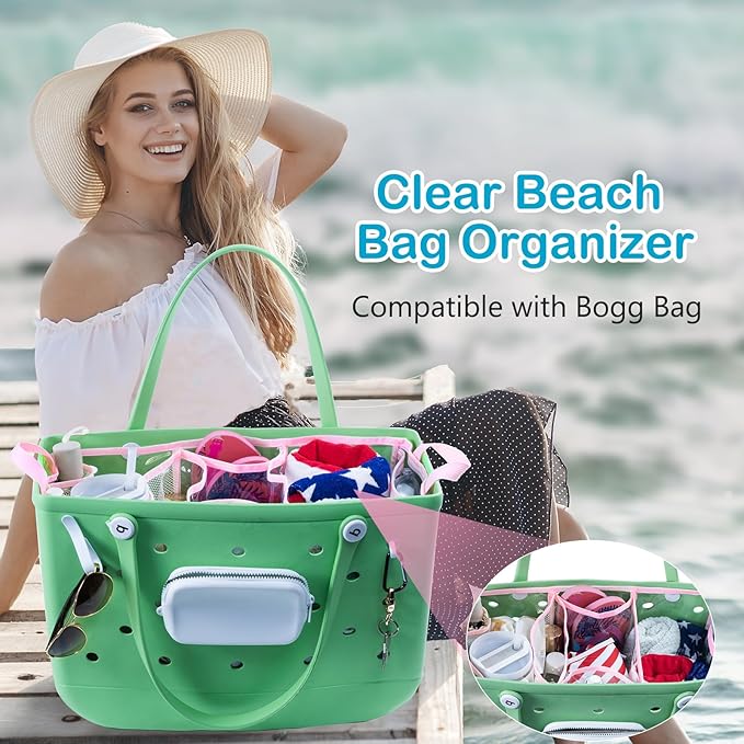 AMOIGEE Clear Beach Bag Organizer Insert with 3pcs Accessories for XL Bogg Bag Inserts - Tote Bag Divider with Sunglasses Holder, Phone Holder and Clips Hooks - Beach Tote Insert Organizer Liner