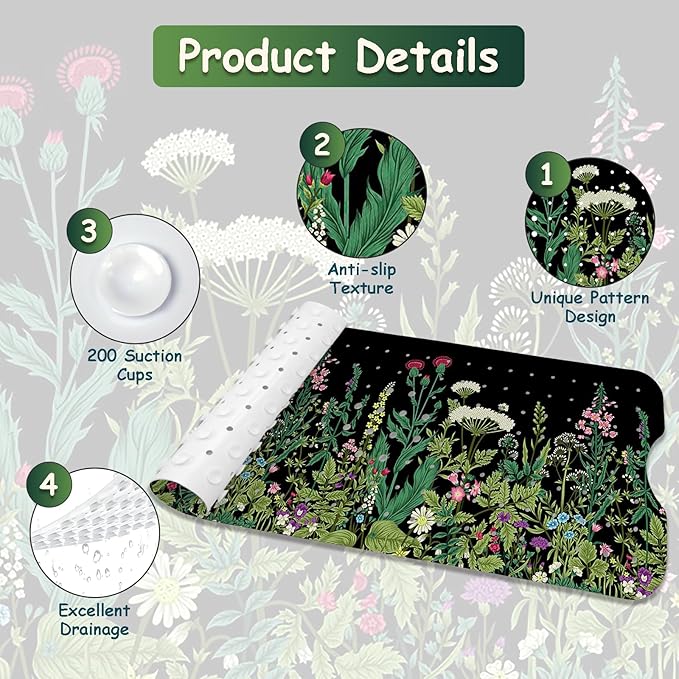 Non Slip Bathtub Mat, Flower Bath Mat for Tub, Extra Long Bathtub Mat Shower Mat with Suction Cups and Drain Holes for Elderly Kids Toddler Baby 40 X 16 Inch