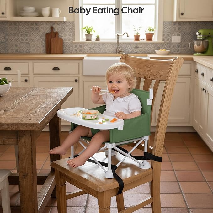 Cochildor 4-in-1 Portable Baby Chair, Foldable Toddler Booster Seat with Removable Tray, Canopy & Safety Harness, Green