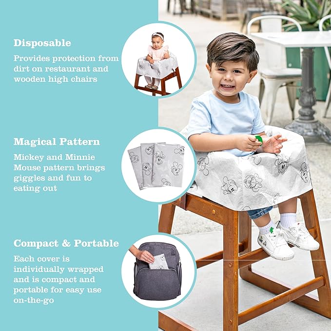 J.L. Childress Disney Baby Disposable Restaurant High Chair Covers - Baby Travel Accessory for Kids & Toddlers, Individually Wrapped, Covers All Surfaces - 12 Count, Mickey & Minnie