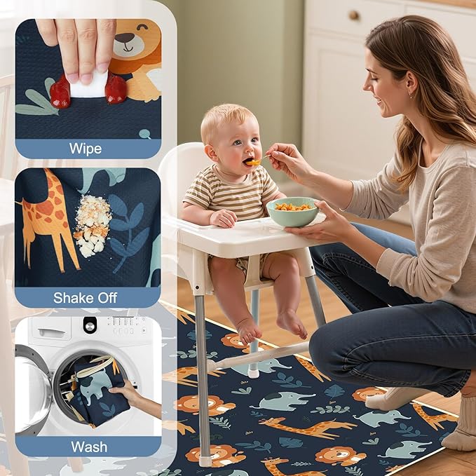 Baby Splat Mat for Under High Chair 51 x 51 Inch Large Waterproof High Chair Mat with Non Slip Bottom Food Catcher for Highchair Boy Girl Mat for Floor Machine Washable, Dark Blue Giraffe