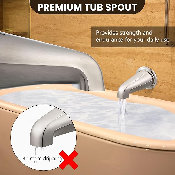 Dreyoo Tub Spout (Universal Fits 1/2" Copper Pipe, 1/2" IPS and 3/4" IPS), Bathroom Bathtub Faucet with Adapters and Hex Wrench(Brushed Nickel,Without Diverter)