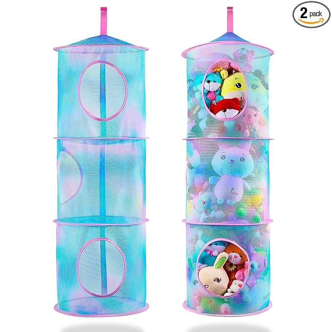 Basumee Stuffed Animals Net or Hammock 2 Pcs Stuffed Animals Storage Toy Net Hammock for Plushies Storage Organizer Mesh Kids Girls Room Decor, Blue Teal, 3 Tiers