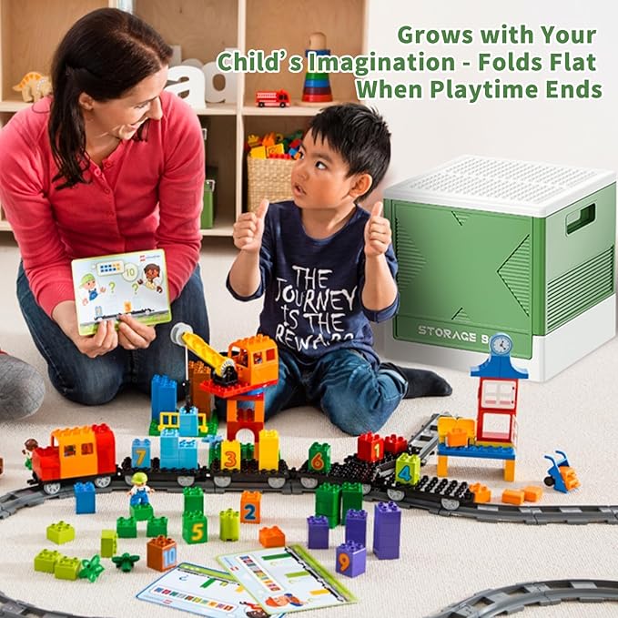 Collapsible Storage Box with Large Building Lid, Multifunctional Toy Storage Box for Brick, Bead, Tool, Sewing, Foldable Storage Bin(Green)