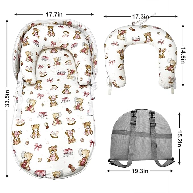 Baby Lounger, Foldable Portable Waterproof Baby Nest Cover, 0-24 Months Newborn Tummy Time Training & Seating Support Pillow, Dual-Use Breathable Infant Lounger Backpack for Home & Travel (Pink Bear)