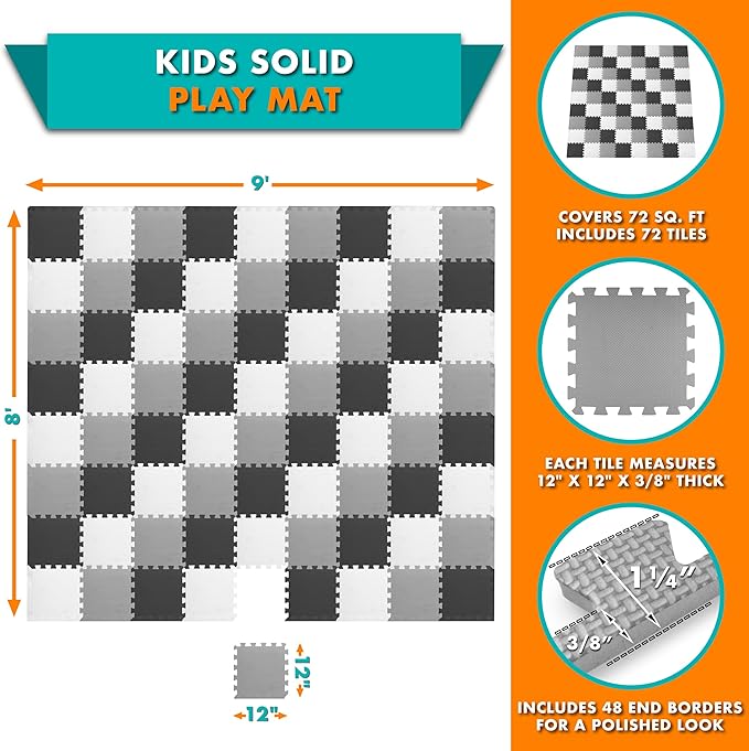 ProSource Baby Play Mat, Soft Foam Floor Tiles for Kids, Interlocking EVA Panels for Playpen Use, Crawling Development Surface, Safe Non-Toxic Toddler Flooring, 72 Tiles, Black/Gray/White