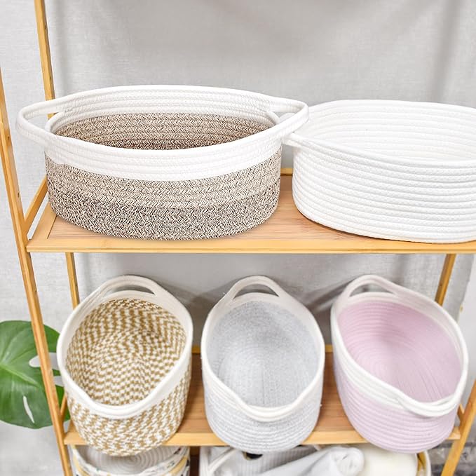 ABenkle Small Basket with Gift Bags and Ribbons, Empty Gift Baskets for Mother's Day, Decorative Boho Rope Woven Nursery Storage Organizer Toy Baskets with Handle for Baby Showers, 12"X 8" X 5"