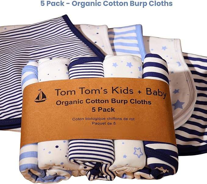 Tom Tom's Kids + Baby GOTS Certified Organic Cotton Burp Cloths, Figure-8 Design, 22 x 11 in, Navy & French Blue, 5-Pack