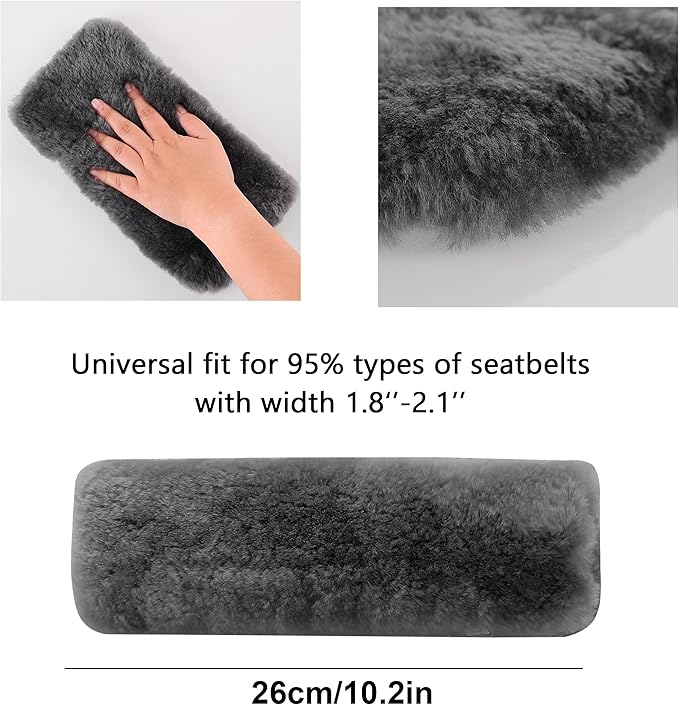 Amooca Authentic Sheepskin Seatbelt Cover Real Wool Car Truck SUV Airplane Seat Belt Shoulder Pad for Carmera Backpack Straps Neck Cushion Protector 2 Pack Dark Grey