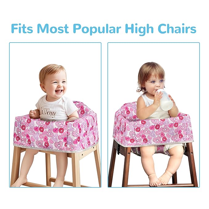 Solfres Dual-Belt High Chair Cover, Baby High Chair Cover, Upgrade Version, for Wooden or Restaurant High Chair, Sturdy and Robust Material, Heart-Shaped Donut, Pink Hot Pink Lilac