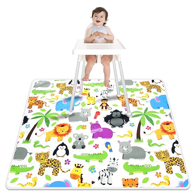 Paw Legend Washable Highchair Splat Floor Mat- Anti-Slip Silicone Spot Splash Mess Mat(53'' X 53'')-Food Catcher Art Craft Leak Proof Mat,Animal