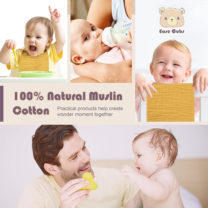 Ease Cubs Muslin Burp Cloths Large 100% Cotton Hand Washcloths for Boys & Girls, Baby Essentials Extra Absorbent and Soft Burping Rags for Newborn Registry (Honey, 12-Pack, 20" X10")