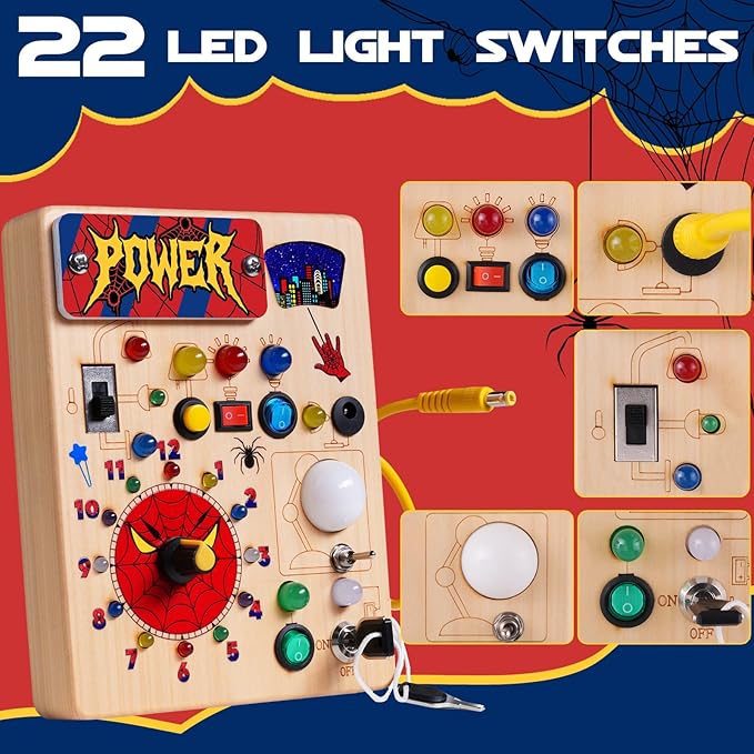 TYMGCHQ Montessori Busy Board with 22 LED Light, Montessori Toys for 3 + Years Old Boys Girls, Wooden Sensory Preschool Learning Toys for Kids, Travel Fidget Board Kids Birthday