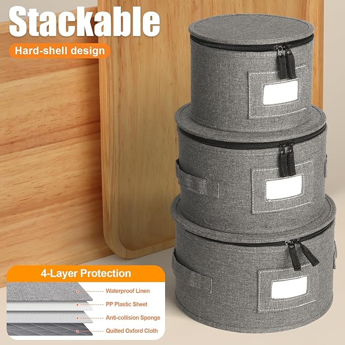 Kukikan China Storage Containers, 4PCS Hard Shell Dish Storage Containers with Felt Dividers for Charger Plates Dinnerware, Moving Boxes for Dishes, Stackable Plate Storage Cases for 12 Place Setting