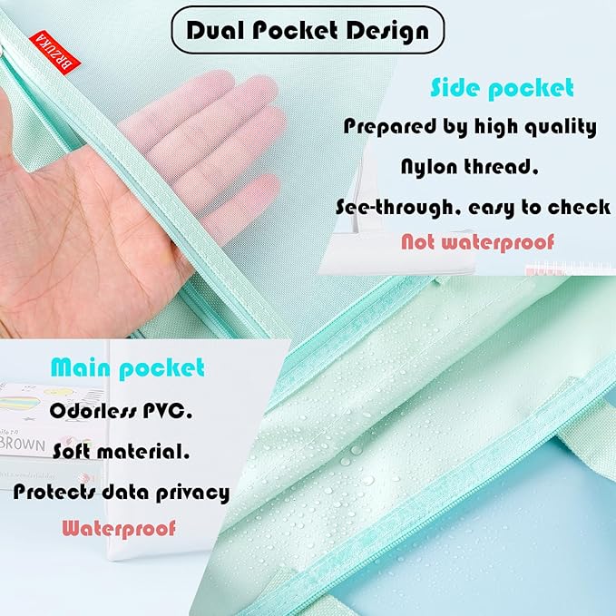 Mesh Zipper Pouch 11x13.7 in, A4 Double Pocket Waterproof File Bag with Handle, Document Storage for School/Travel/Office/Puzzle (Green, 2pcs)