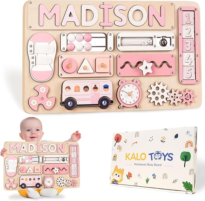 KALOTOYS Personalized Large Busy Board for Toddlers - Montessori Busy Board - Montessori Toys for 1 Year Old Baby Boys Girls - Sensory Toys for Toddlers 1-3 - Peronalized Baby Gift
