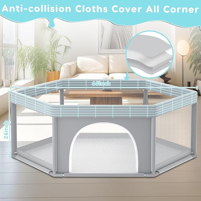 Fshibila 65" ×65" Hexagonal Baby Playpen, Baby Playard for Babies and Toddlers, BabyFence Play Pens for Indoor & Outdoor, Sturdy Safety Play Yard with Soft Breathable Mesh, Anti-Fall, Grey