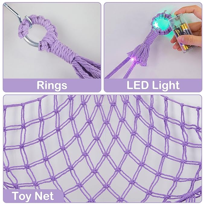 Basumee Stuffed Animals Net or Hammock with LED Light, Hanging Stuffed Animals Storage Toy Hammock Net Corner Wall Girls Room Decor Toy Storage Organizer, Purple, L