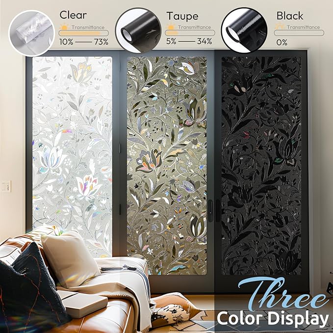 rabbitgoo Window Privacy Film, Decorative Stained Glass Window Film, Heat Blocking Glass Clings, Renter-Friendly Static Cling Frosted Sticker Covering for Home, Taupe Tulip 17.5" x 157.4"