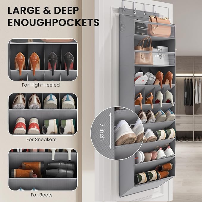 Mefirt 8 Tier Clear Over the Door Shoe Organizer with Deep Pockets, Door Shoes Rack with hard Cardboard and Tubes to Keep the Shape, Hanging Shoe Rack for Closet Organizers, Shoe Holder Grey