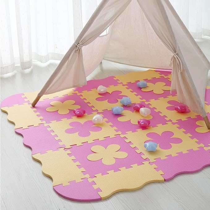Tamiplay Foam Play Mat for Kids，25Pcs Square Interlocking Puzzle Floor Mat，Baby Play Mat Floor Mat Foam Puzzle Playmat for Toddlers with Fence（Pink Flower-CSH032
