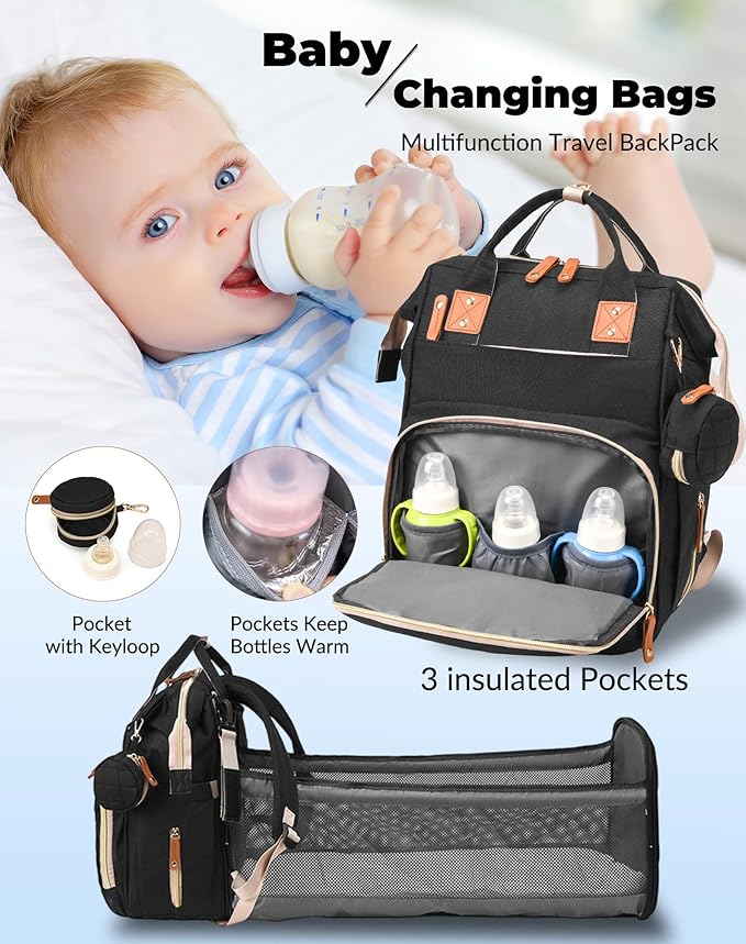 Lamroro Diaper Bag with Changing Station, Waterproof 3 in 1 Baby Diaper Backpack with Foldable Changing Pad, Large Travel Back Pack for Baby Girl Boy, Baby essentials, Black