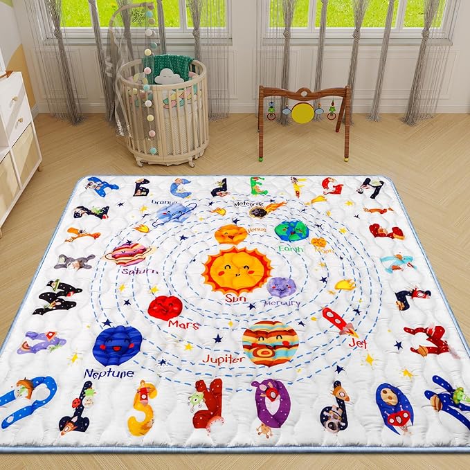 Solar System Baby Gyms Playmats for Playpen, 50"×50" Thicken ABC Alphabet Learning Mat Toddlers Padding Crawling Mat