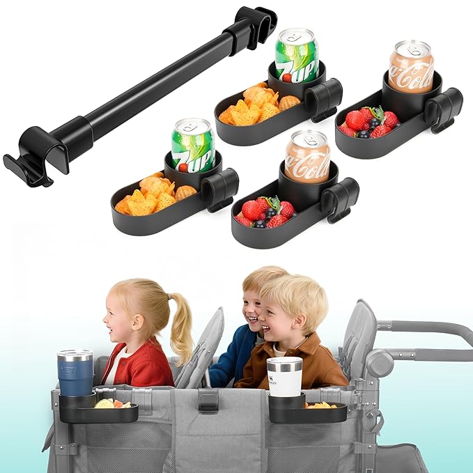 Forward-Facing Support Bar + 4-Pack Stroller Wagon Snack Tray with Spill-Proof Cup Holders - Wonderfold Accessories Compatible with WONDERFOLD W4 Elite/Luxe 4-Seater Wagons, Detachable & Easy Install