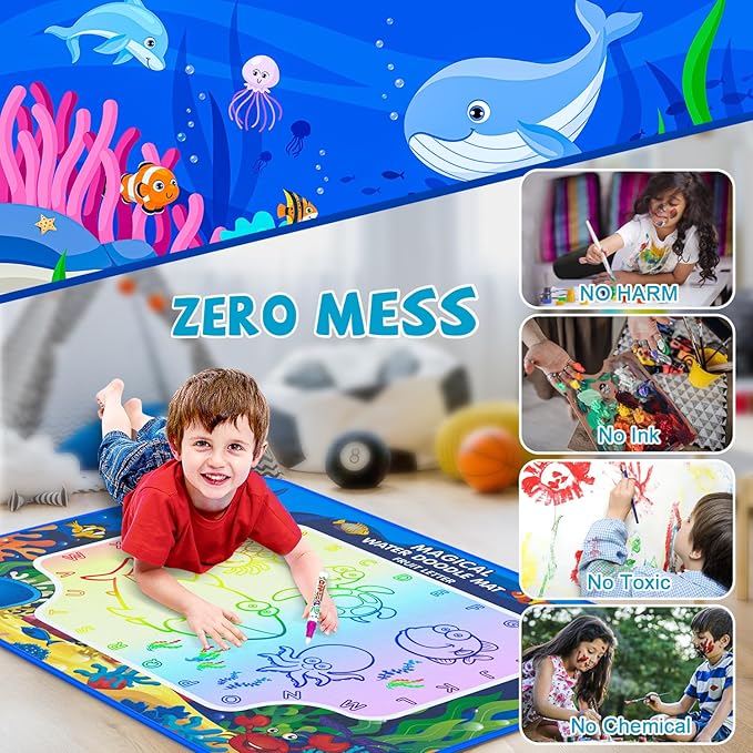 Water Doodle Mat for Kids 32x40 Inch, Mess Free Coloring Mat Educational Toy for 3 4 5 6 7 8 Years Old Girls & Boys, Neon Color Mat Doodle Board Writing Drawing Toys Holiday Christmas Birthday Gifts