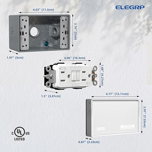 ELEGRP Outdoor GFCI Outlet Kit, with Weatherproof Cover and Box, 1 Gang, 15 Amp TRWR Self-Test GFI Receptacle, Horizontal Outdoor Cover, Extra Duty Metallic Electrical Outlet Box, UL Listed, 1 Pack