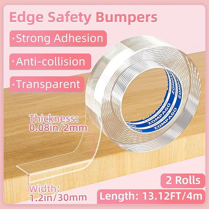 ZOMPAGO Clear Baby Edge & Corner Protector Strip, 2 Rolls,1.18in×13FT Self-Adhesive Safety Bumper Guard, Transparent Anti-Collision Tape for Table, Cabinet, Furniture, Wall - Baby Proofing Essential