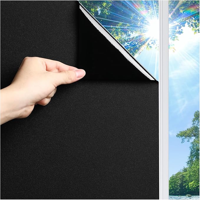 LUTE Blackout Window Film Removable Window Tint for Home Privacy Black 17.5" x 118.1", Static Cling for Inside Dark Sunlight Blockers Darkening Light Blocking for Bedroom Home Theater Garage