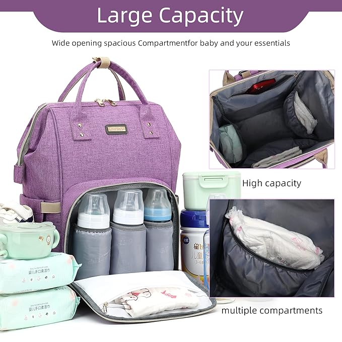 GAIVP Diaper Bag Backpack, Diaper Bags for Baby Girls Boys, Baby Bags for Moms Dads, Nappy Changing Bag with Insulated Pockets,Multi-functional Waterproof Backpack with Stroller straps-Purple