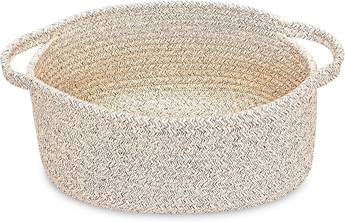 ABenkle Small Woven Basket 12"x 8"x 5" - Rope Room Shelf Storage, Cat Dog Toys Chest Box, Decorative Empty Gift With Handles - All Mixed Brown