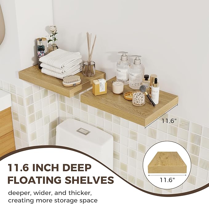 Fun Memories 12 Inch Deep Floating Shelves, 16 x 12 Wooden Wall Shelves, Extra Deeper & Thicker Rustic Wall Mounted Storage Shelf for Fireplace, Living Room, Kitchen, Farmhouse, Oak - 3Pack