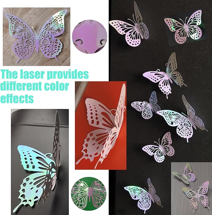 JOSDIOX 3D Laser Pink Butterfly Wall Stickers - 48 Pcs with 4 Styles & 3 Sizes, Removable Decor for Party Birthday Wedding Cake Balloon Decoration(48 Laser Pink)