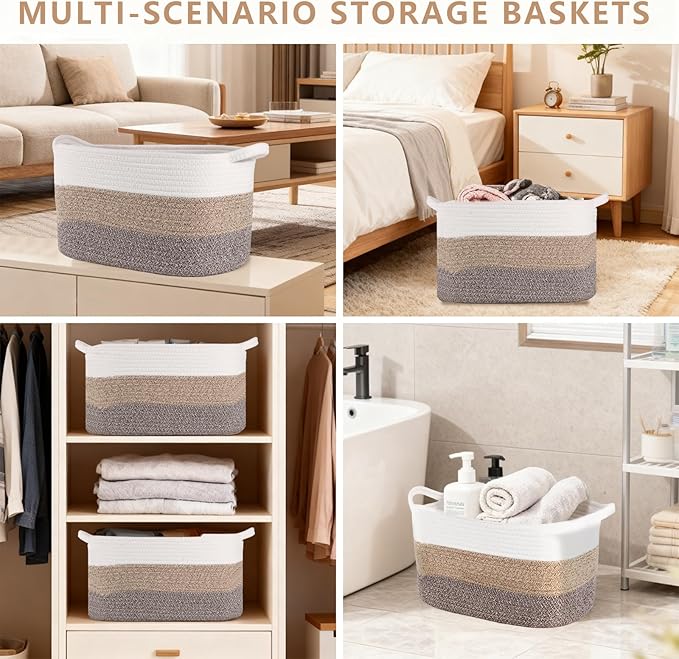 AOFANGSHIYE 3PCS Grey Cotton Rope Woven Storage Basket, 15x10x8.7 Inches Shelf Organizer for Baby Gift Baskets, Toys, Laundry, Baby Blankets & Empty Gift Baskets